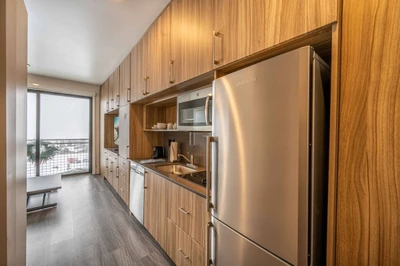 Full Kitchenette with a dishwasher, 2 burner stove, microwave, fridge, and freezer. The kitchen comes stocked with plates, silverware, and basic cookw