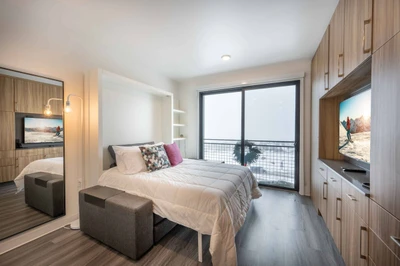 The sofa converts into a comfortable queen sized Murphy bed with professionally cleaned linens.