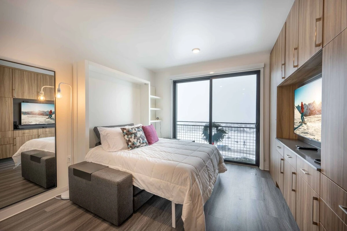 The sofa converts into a comfortable queen sized Murphy bed with professionally cleaned linens.