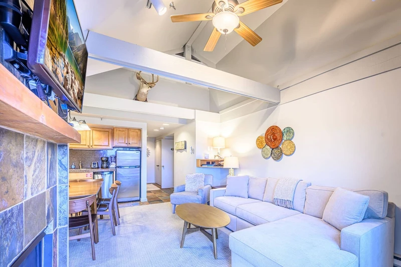 Living room with gas fireplace, HDTV and comfortable new furniture (2026)