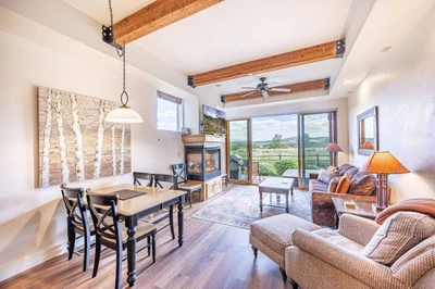 The living room of the home opens right to the private patio with the private hot tub and views of the nature preserve