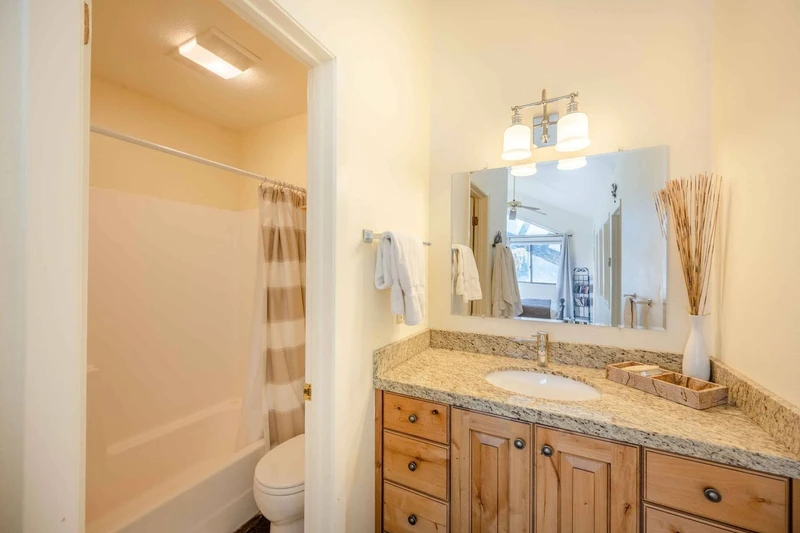 The second bathroom features a new large granite vanity, hardwood cupboards, stainless steel fixtures and separate area with bathtub and shower.
