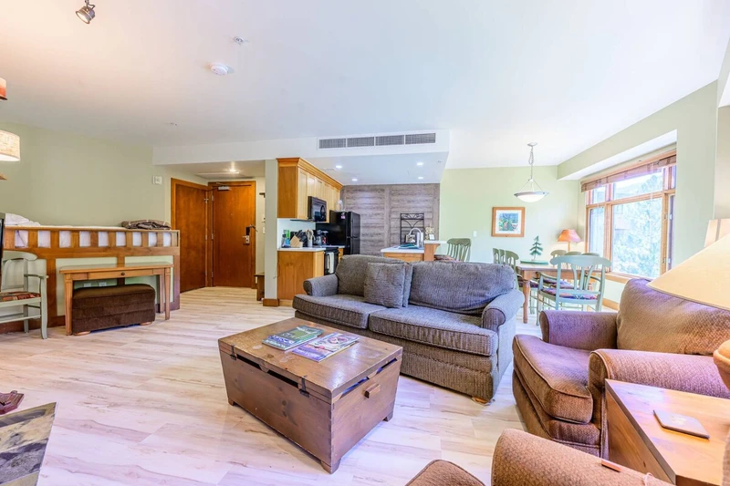 Sundial Lodge, Perfect for families, Updated living room with sleeper sofa and bunk bed.