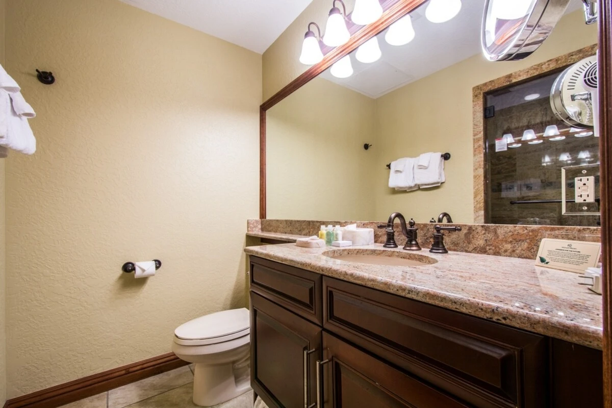 The warm mountain design continues into the bathroom with white & brown granite counters, bronze fixtures & finishes, rainfall shower & large mirror.